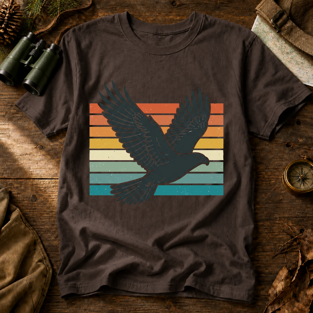 Retro Flying Bird Stripes Tee in Espresso, centered front design on a birdwatching flat-lay mockup
