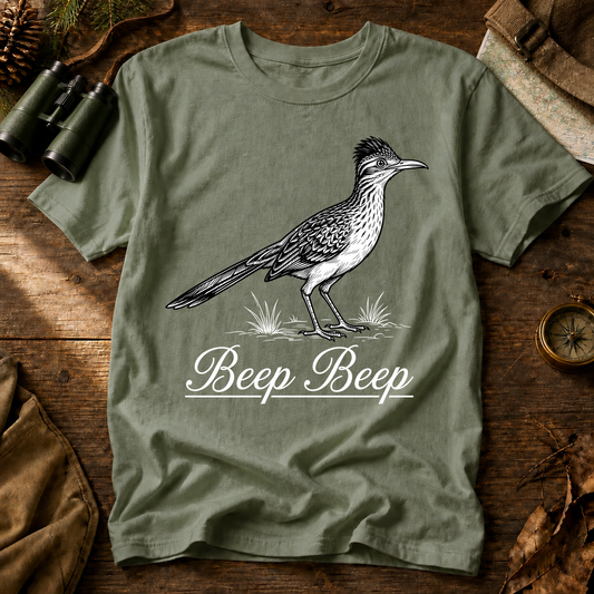 Roadrunner Beep Beep Tee in Bay, centered front design on a birdwatching flat-lay mockup