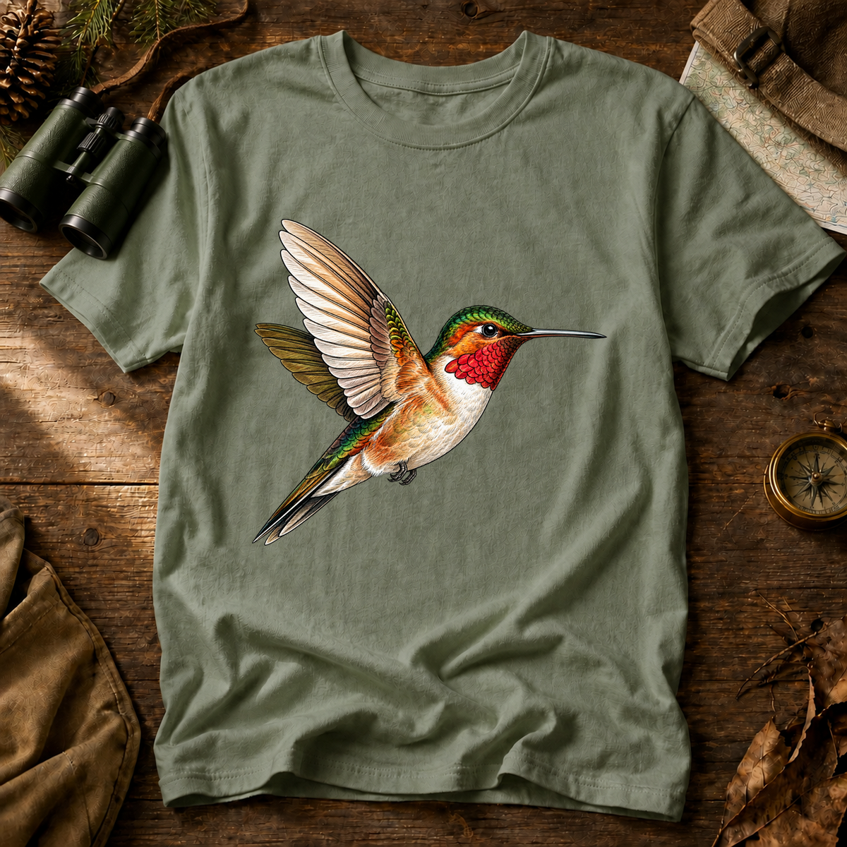 Ruby-Throated Hummingbird Flight Tee in Bay, centered front design on a birdwatching flat-lay mockup