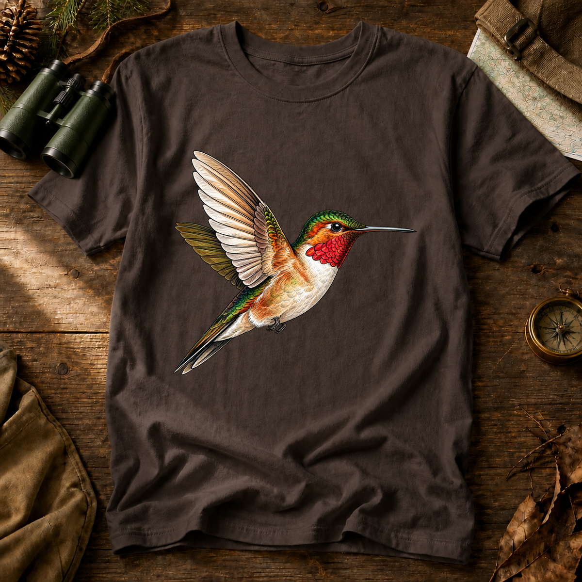 Ruby-Throated Hummingbird Flight Tee in Espresso, centered front design on a birdwatching flat-lay mockup