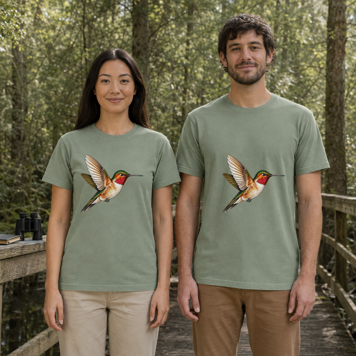 Female and male models wearing the Ruby-Throated Hummingbird Flight Tee in Bay, with the artwork centered on both shirts