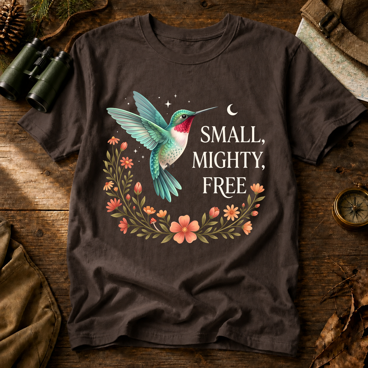 Small Mighty Free Hummingbird Tee in Espresso, centered front design on a birdwatching flat-lay mockup