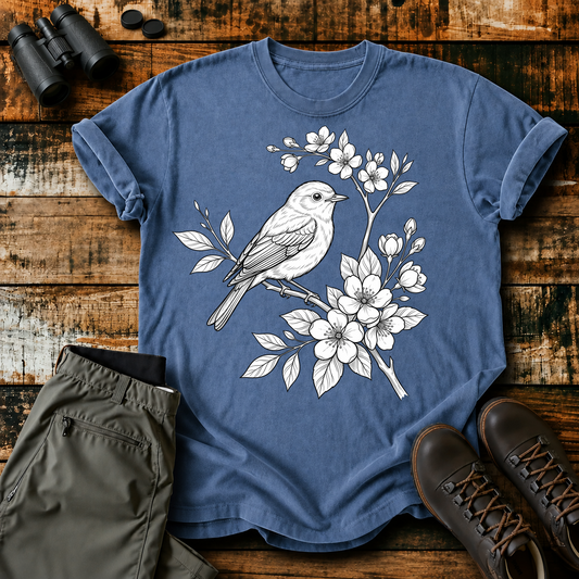 Songbird Blossom Sketch Tee in Blue Jean, centered front design on a birdwatching flat-lay mockup