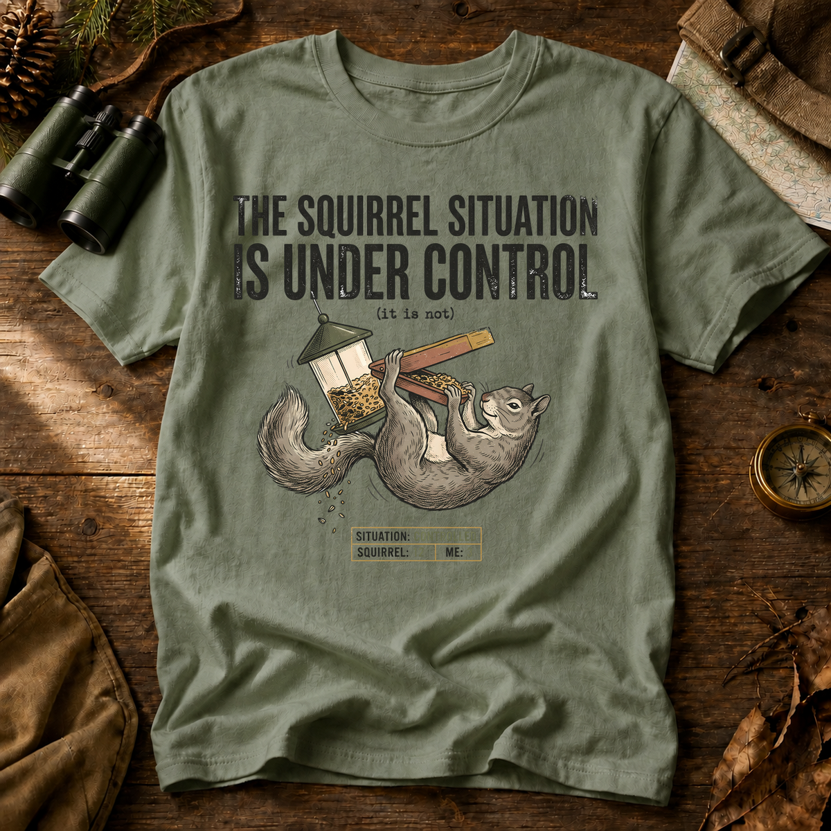 Squirrel Situation Under Control Tee in Bay, centered front design on a birdwatching flat-lay mockup