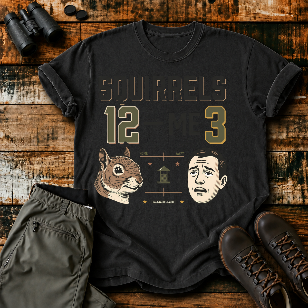Squirrels 12 Me 3 Backyard Tee in Black, centered front design on a birdwatching flat-lay mockup