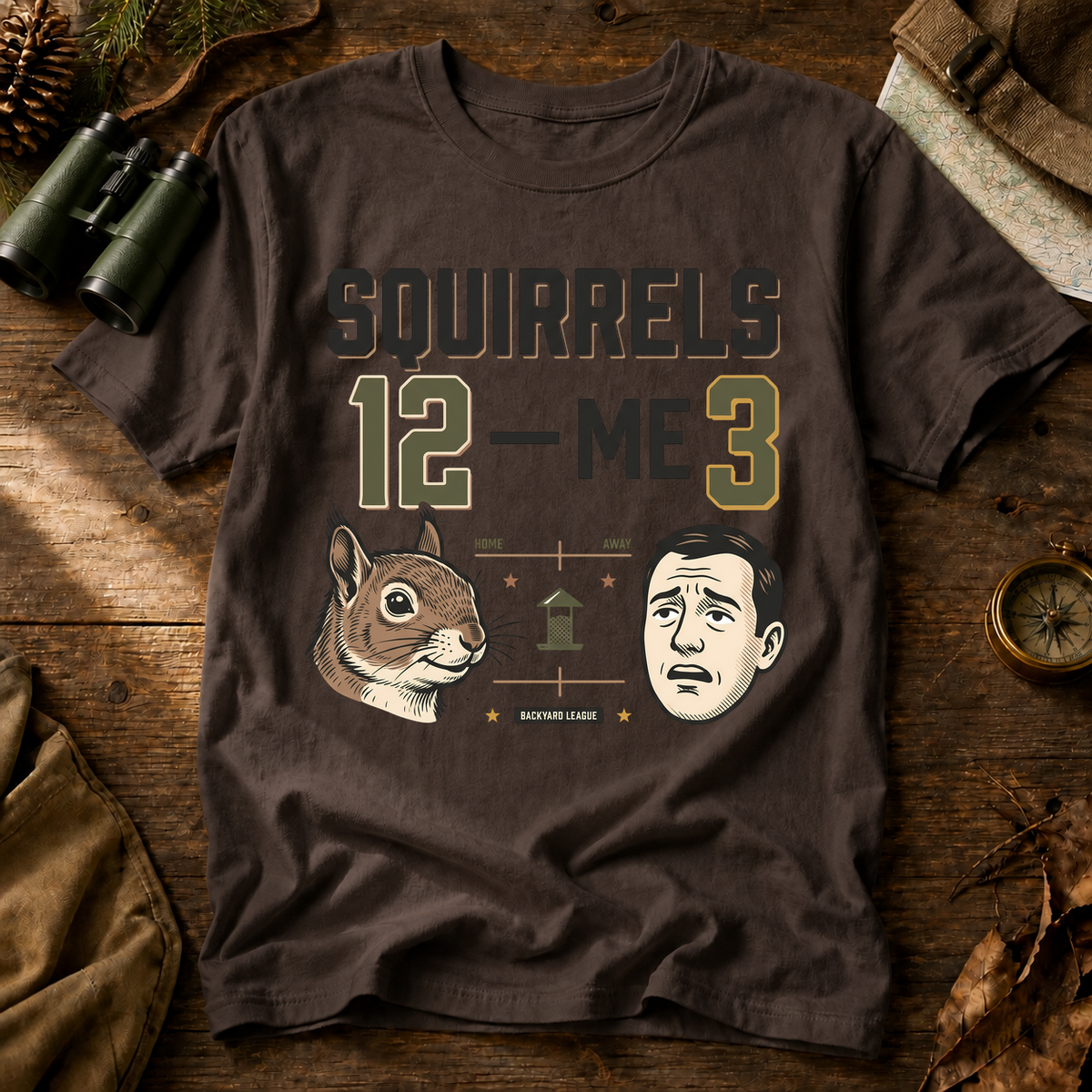 Squirrels 12 Me 3 Backyard Tee in Espresso, centered front design on a birdwatching flat-lay mockup