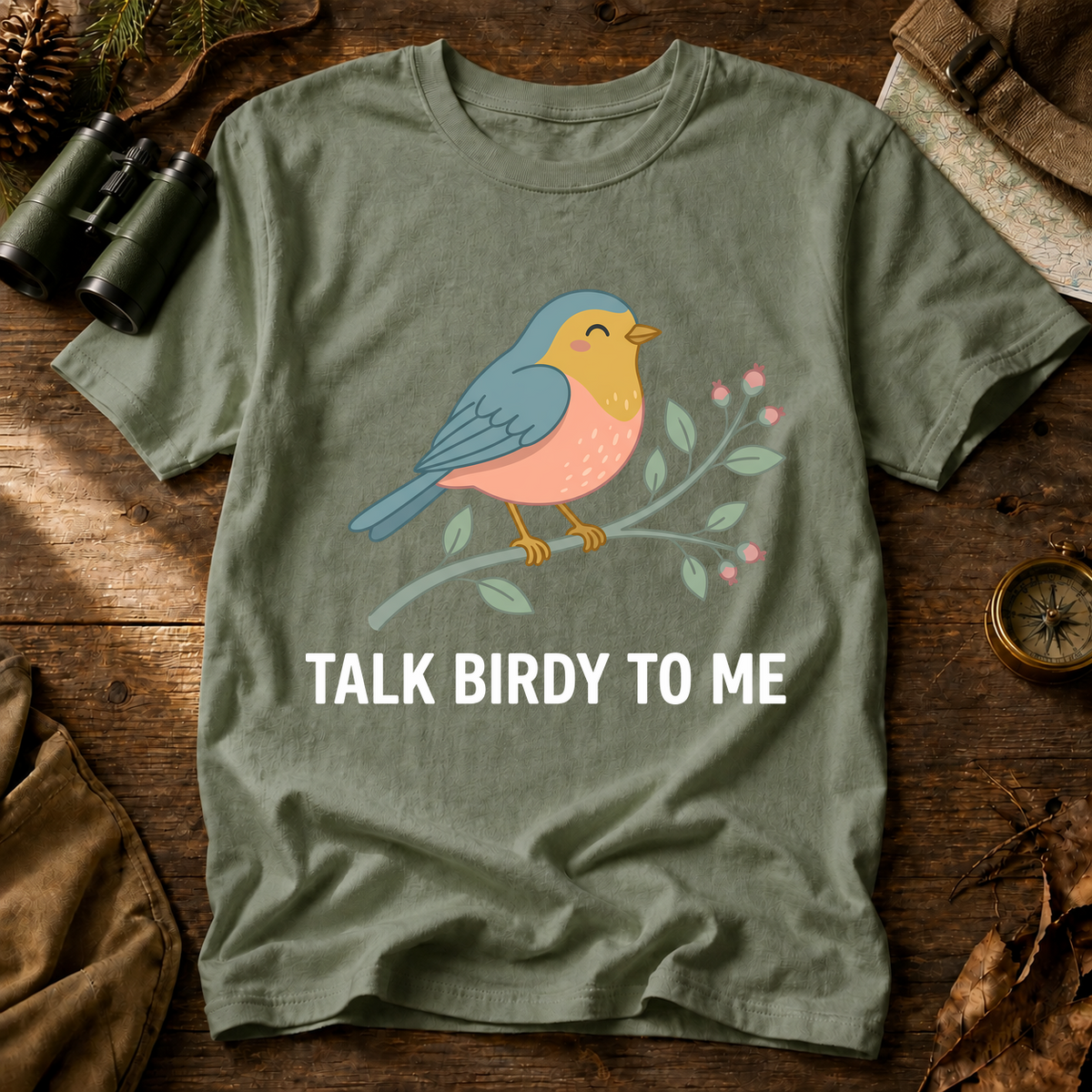 Talk Birdy to Me Songbird Tee in Bay, centered front design on a birdwatching flat-lay mockup