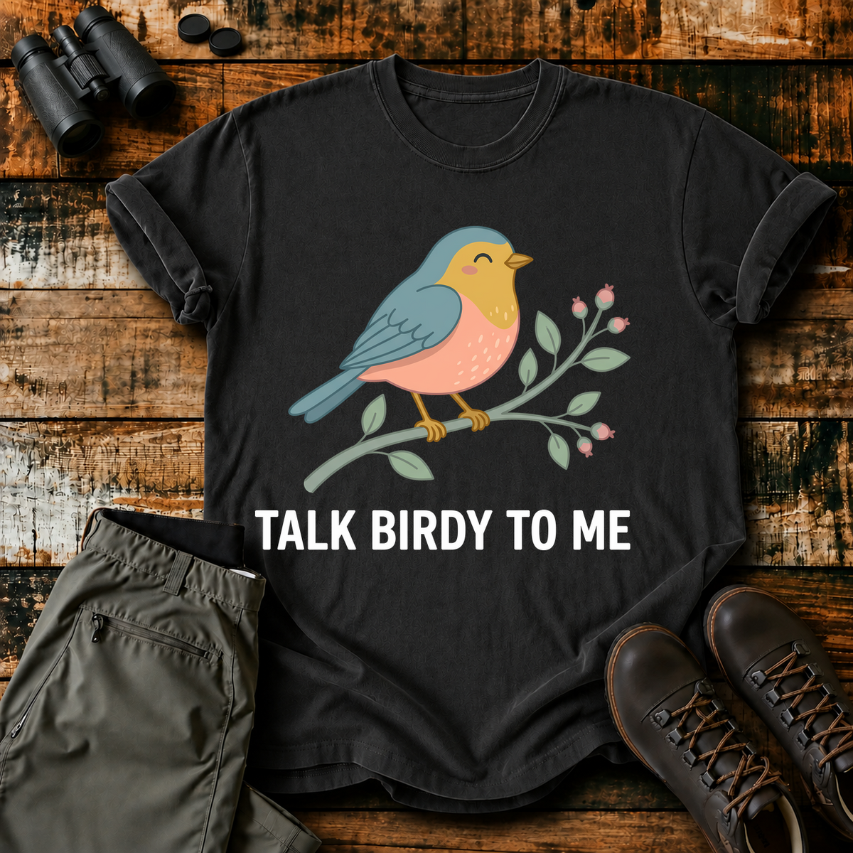Talk Birdy to Me Songbird Tee in Black, centered front design on a birdwatching flat-lay mockup