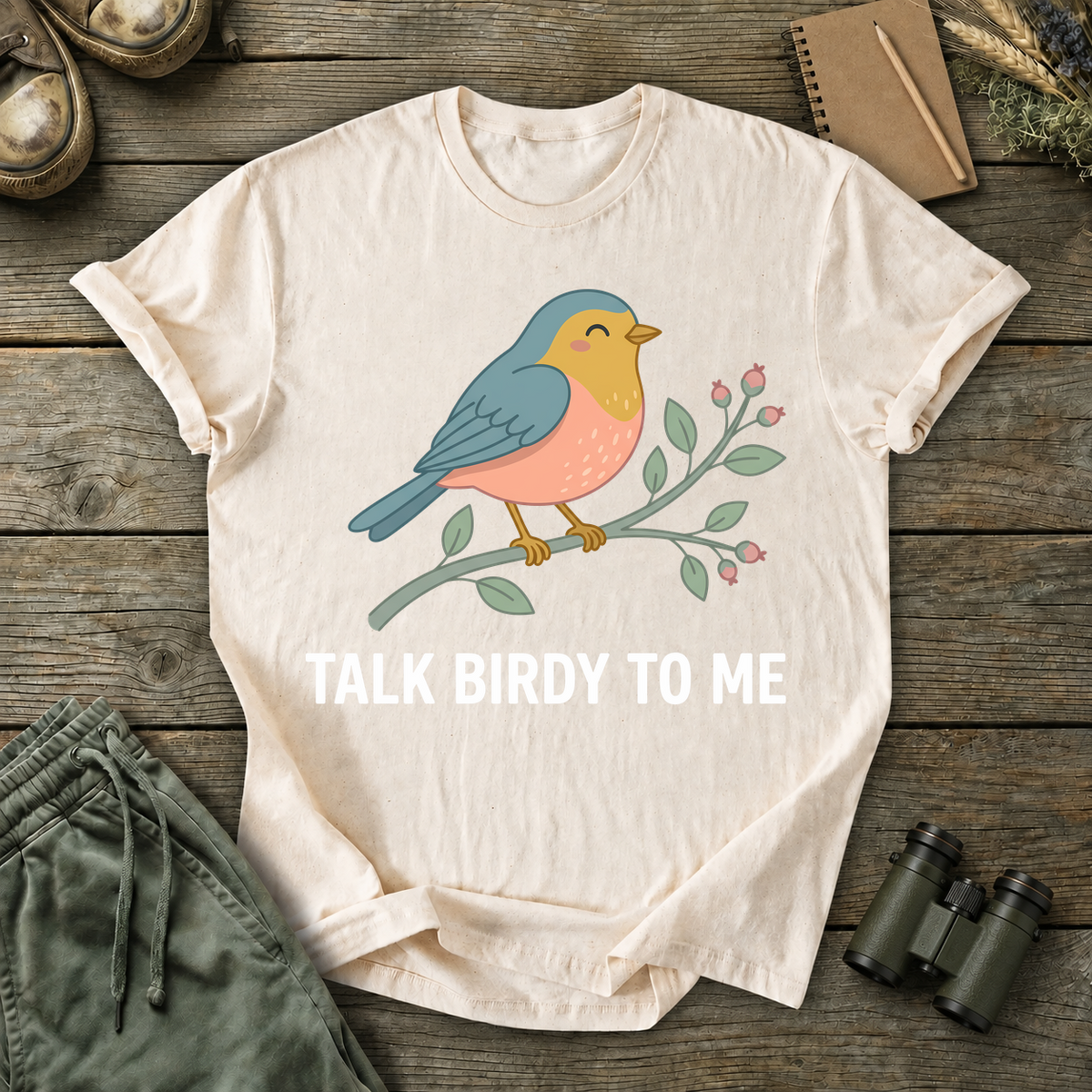 Talk Birdy to Me Songbird Tee in Ivory, centered front design on a birdwatching flat-lay mockup