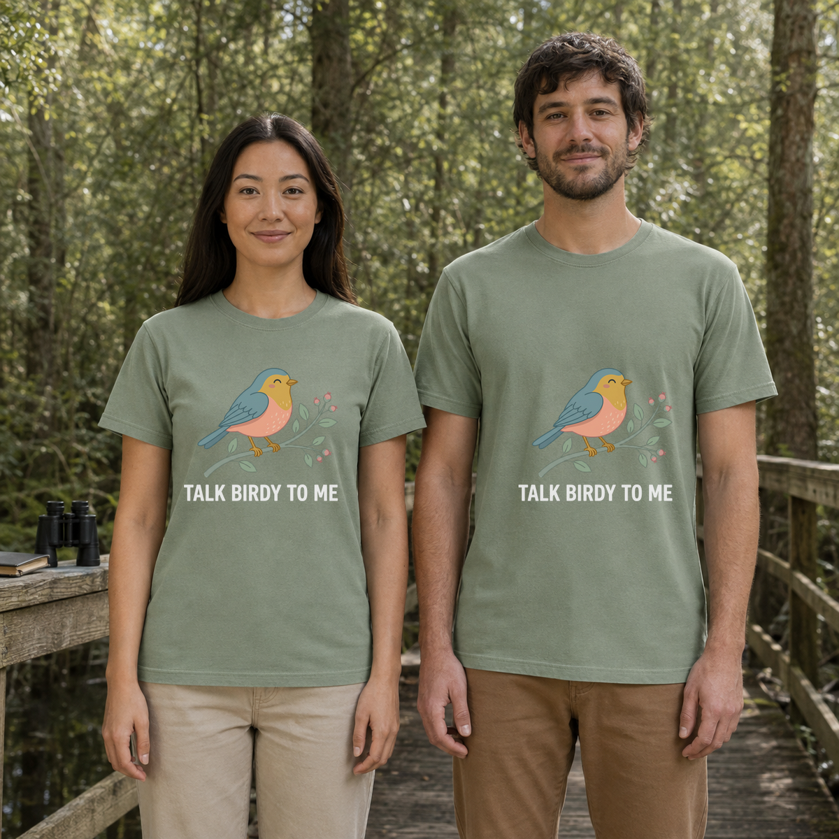 Female and male models wearing the Talk Birdy to Me Songbird Tee in Bay, with the artwork centered on both shirts