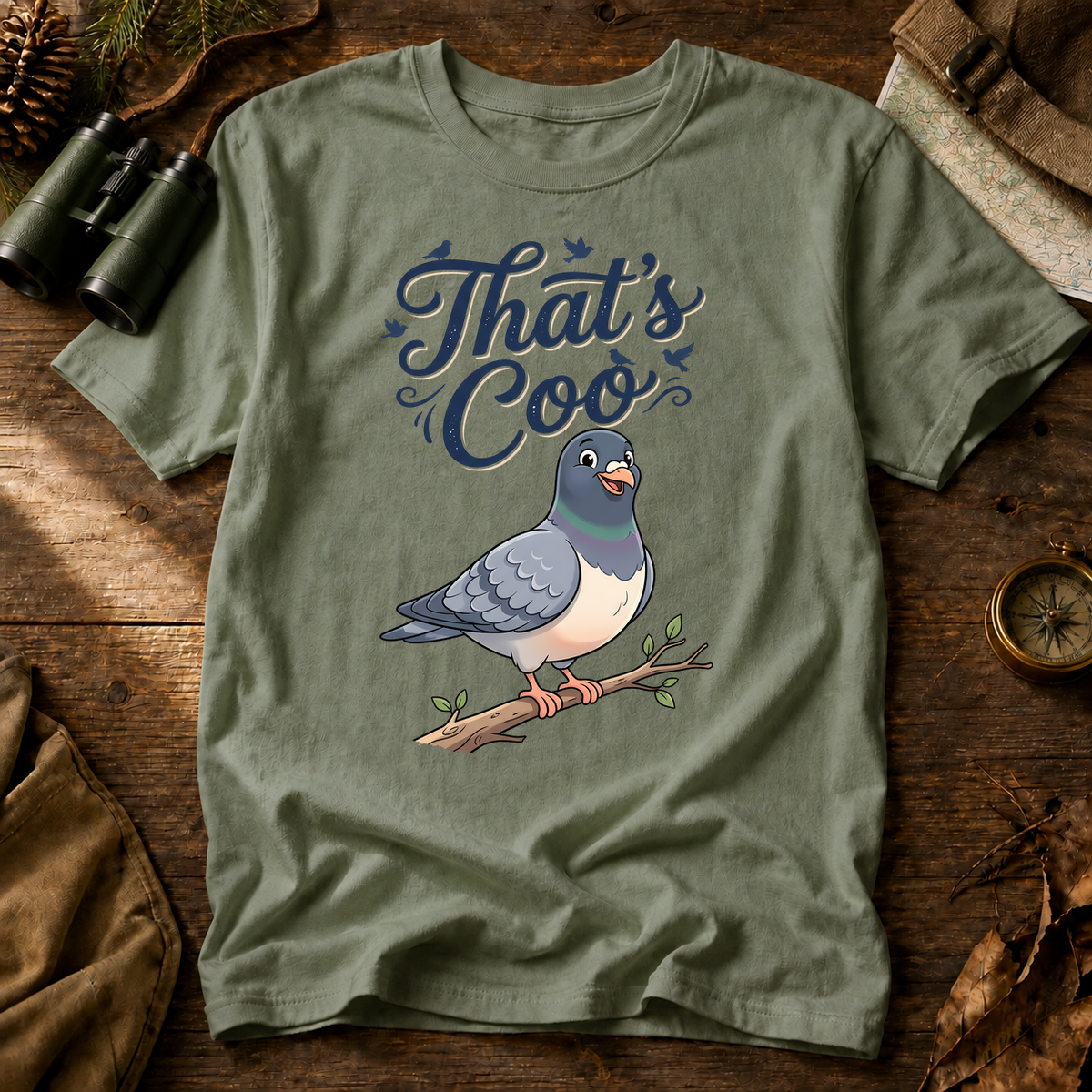 That's Coo Pigeon Tee in Bay, centered front design on a birdwatching flat-lay mockup