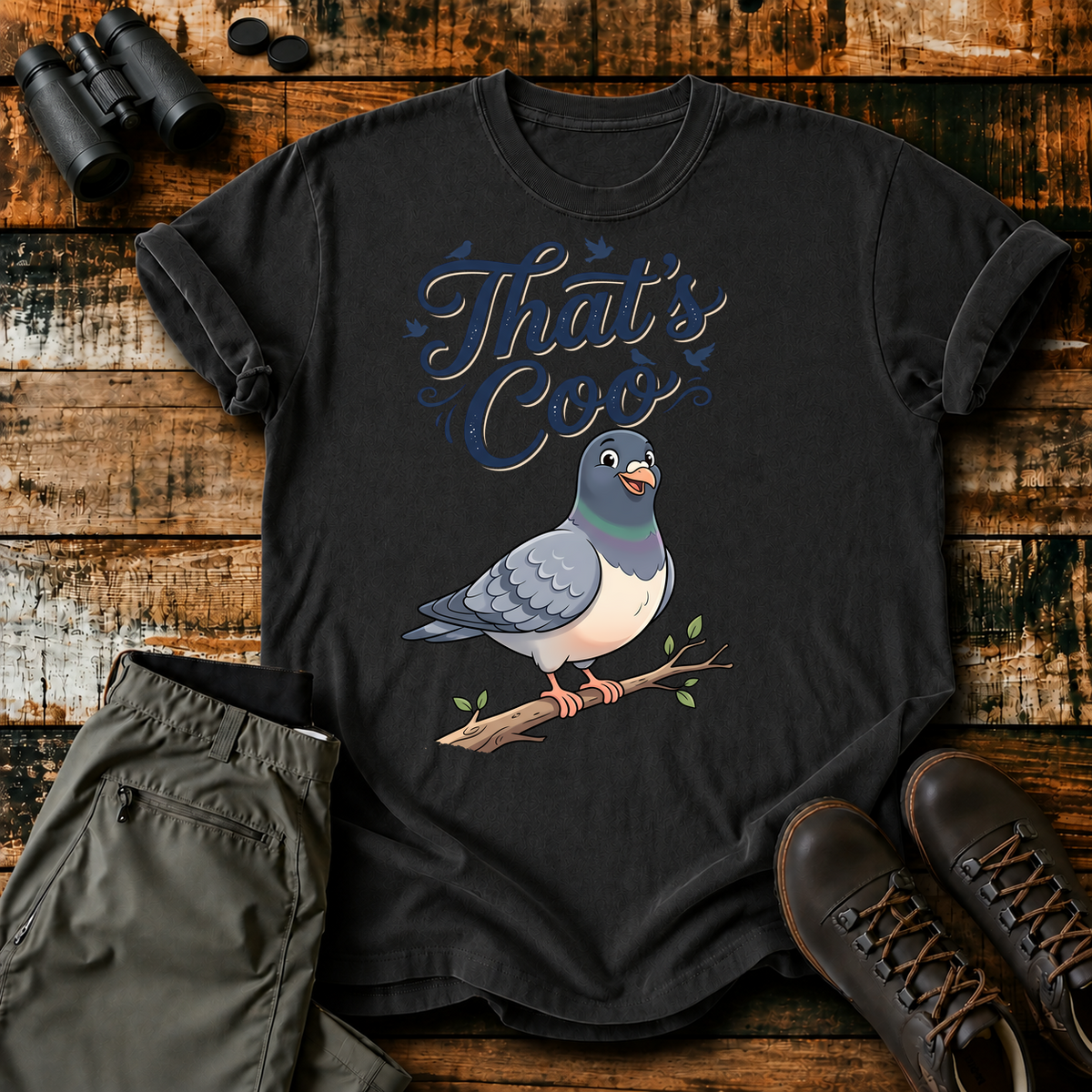 That's Coo Pigeon Tee in Black, centered front design on a birdwatching flat-lay mockup