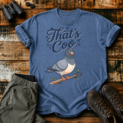 That's Coo Pigeon Tee in Blue Jean, centered front design on a birdwatching flat-lay mockup