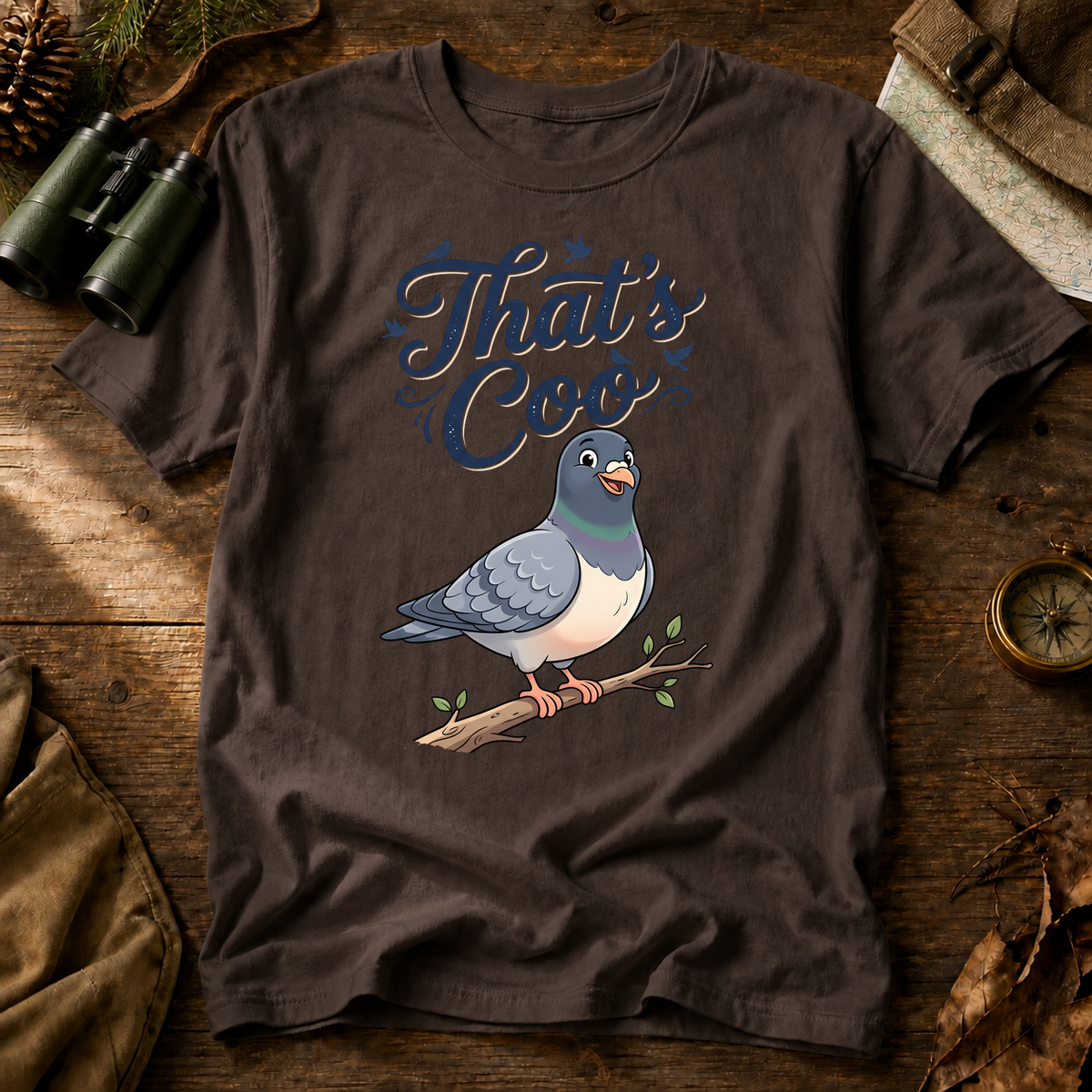 That's Coo Pigeon Tee in Espresso, centered front design on a birdwatching flat-lay mockup