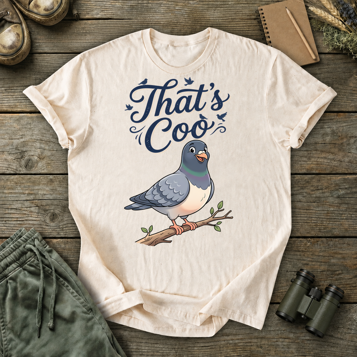 That's Coo Pigeon Tee in Ivory, centered front design on a birdwatching flat-lay mockup