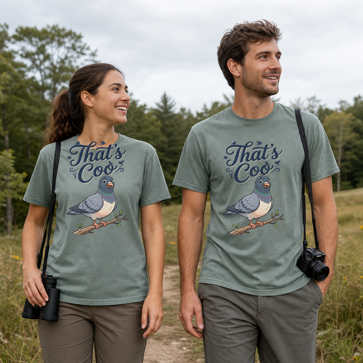 Female and male models wearing the That's Coo Pigeon Tee in Bay, with the artwork centered on both shirts