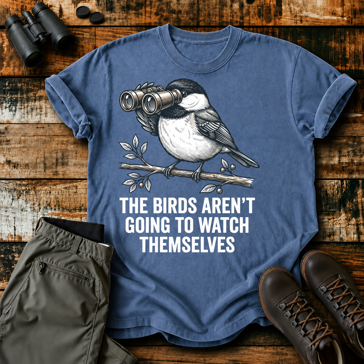 The Birds Aren't Going to Watch Themselves Tee in Blue Jean, centered front design on a birdwatching flat-lay mockup