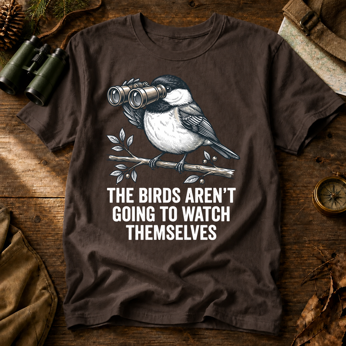 The Birds Aren't Going to Watch Themselves Tee in Espresso, centered front design on a birdwatching flat-lay mockup