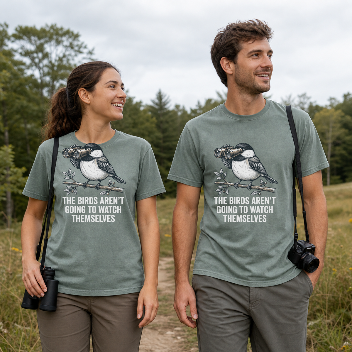 Female and male models wearing the The Birds Aren't Going to Watch Themselves Tee in Bay, with the artwork centered on both shirts