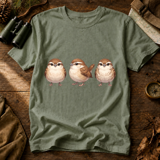Three Round Songbirds Tee in Bay, centered front design on a birdwatching flat-lay mockup