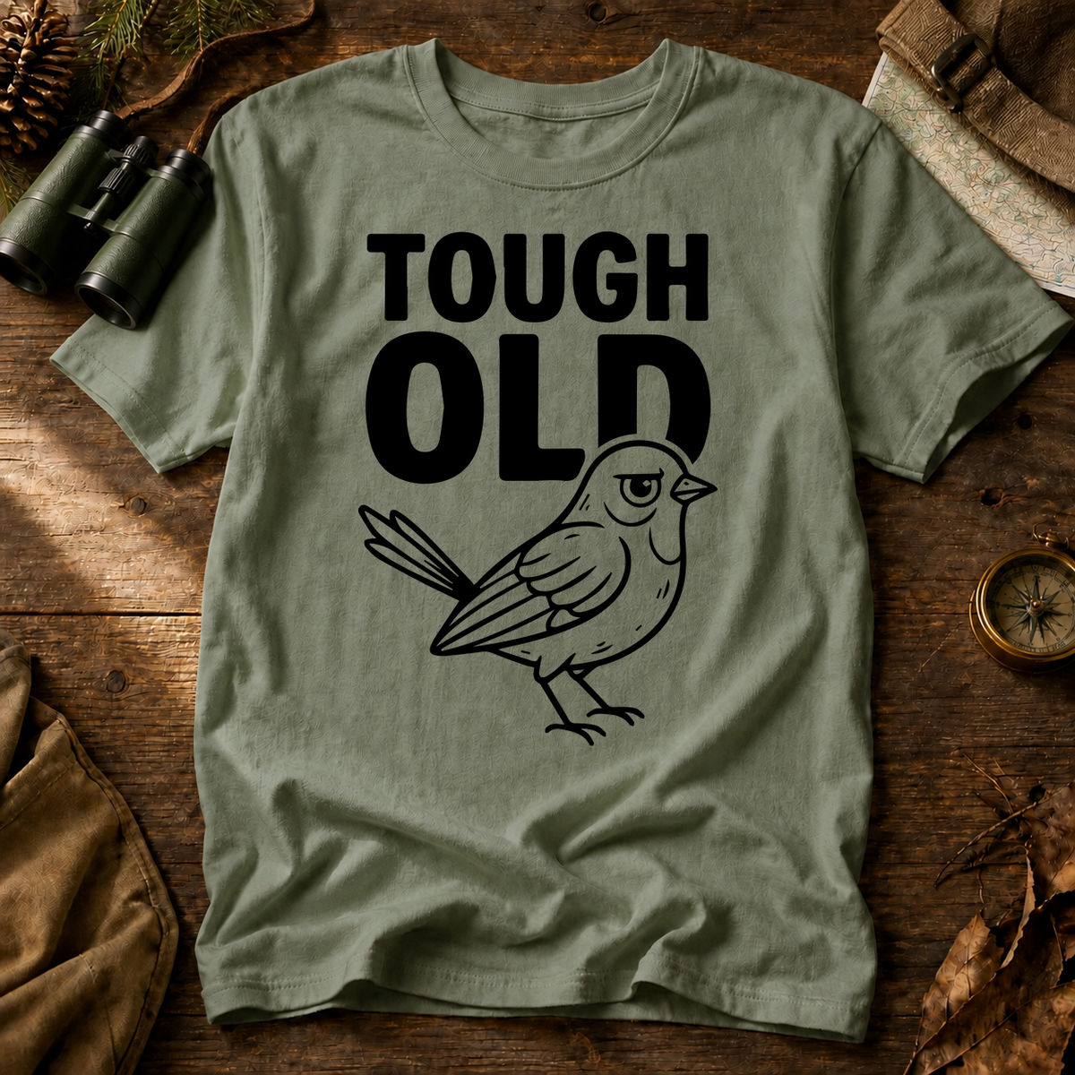 Tough Old Bird Tee in Bay laid beside field gear