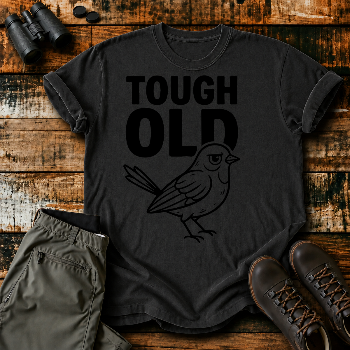 Tough Old Bird Tee in Black, centered front design on a birdwatching flat-lay mockup