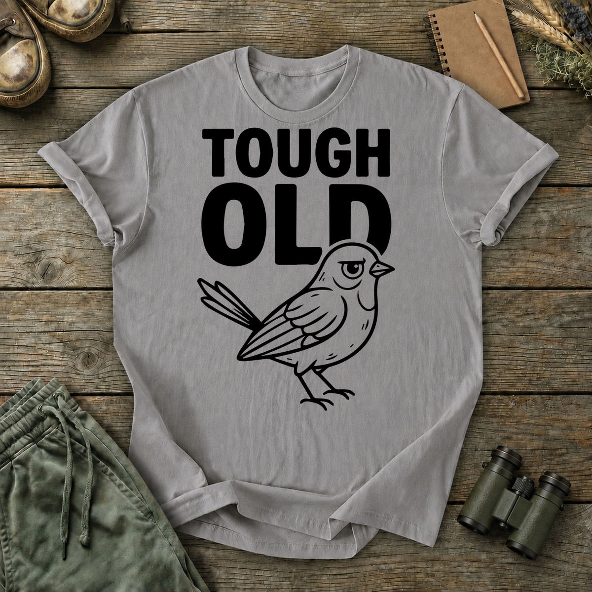 Tough Old Bird Tee in Grey, centered front design on a birdwatching flat-lay mockup