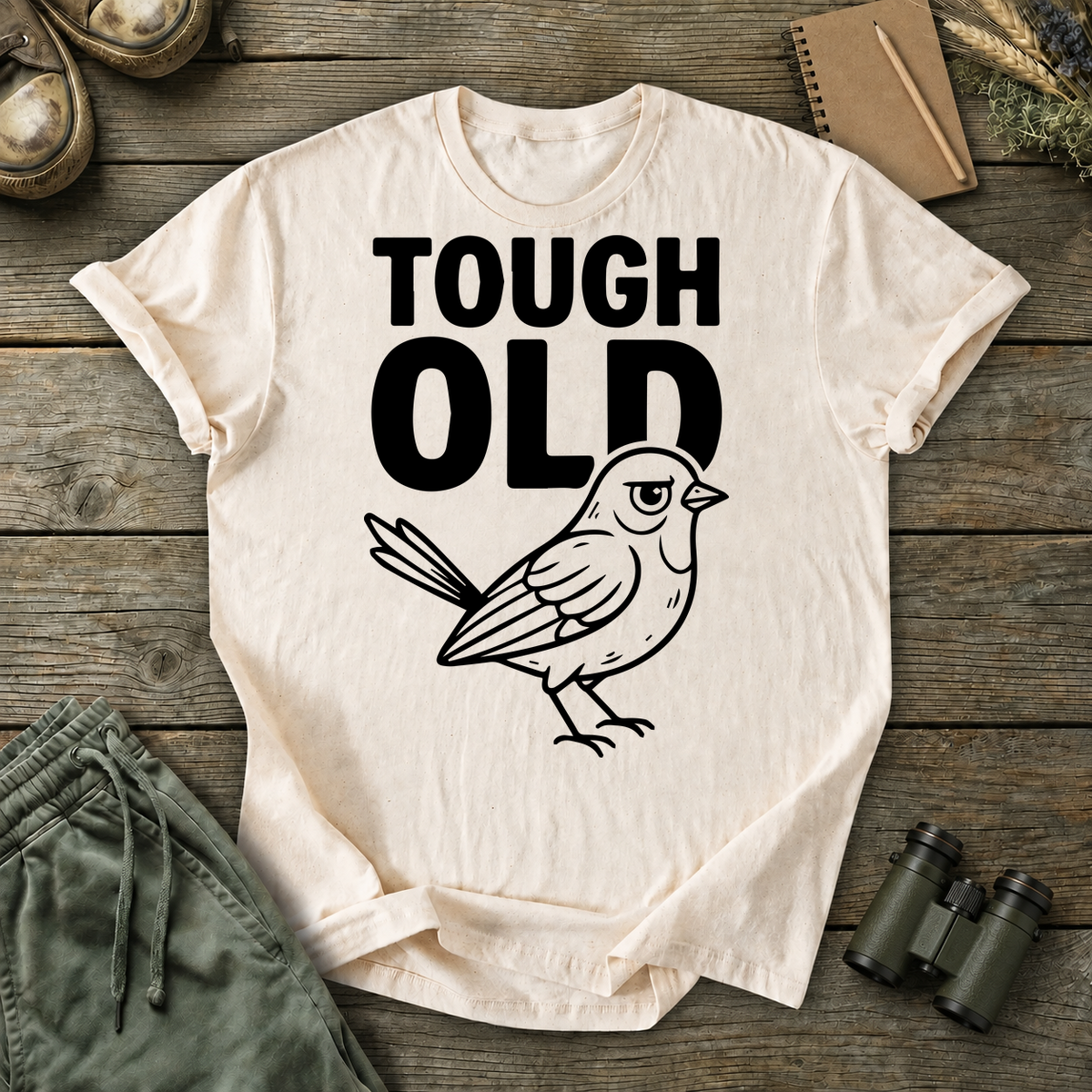 Tough Old Bird Tee in Ivory, centered front design on a birdwatching flat-lay mockup