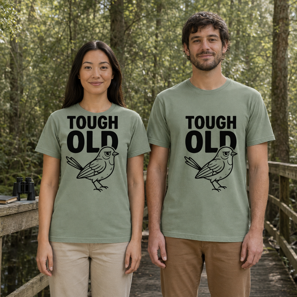 Female and male models wearing the Tough Old Bird Tee in Bay, with the artwork centered on both shirts