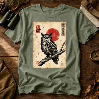 Vintage Japanese Owl Print Tee in Bay, centered front design on a birdwatching flat-lay mockup
