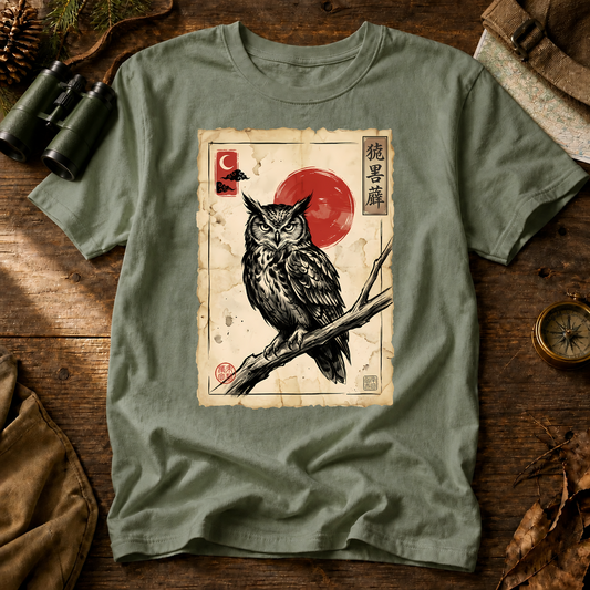 Vintage Japanese Owl Print Tee in Bay, centered front design on a birdwatching flat-lay mockup