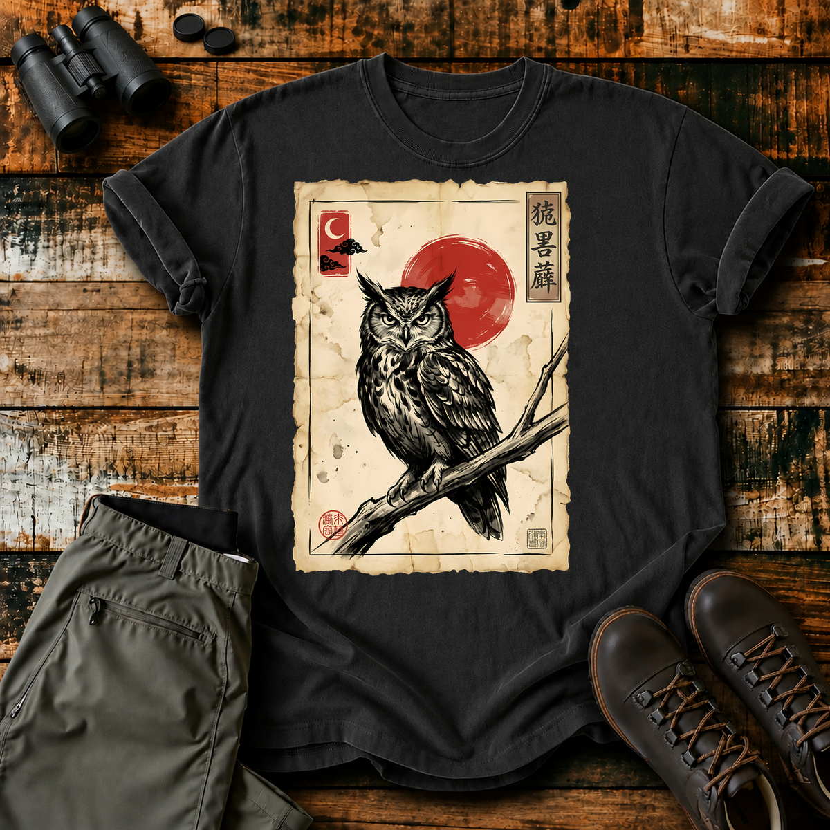 Vintage Japanese Owl Print Tee in Black, centered front design on a birdwatching flat-lay mockup