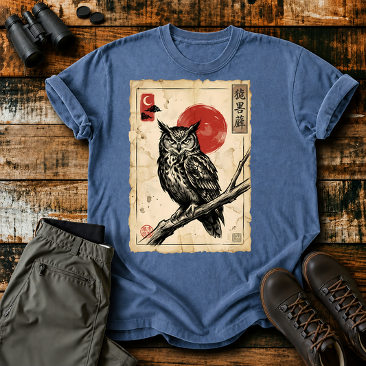 Vintage Japanese Owl Print Tee in Blue Jean, centered front design on a birdwatching flat-lay mockup