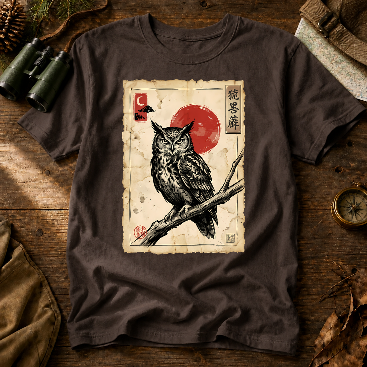 Vintage Japanese Owl Print Tee in Espresso, centered front design on a birdwatching flat-lay mockup