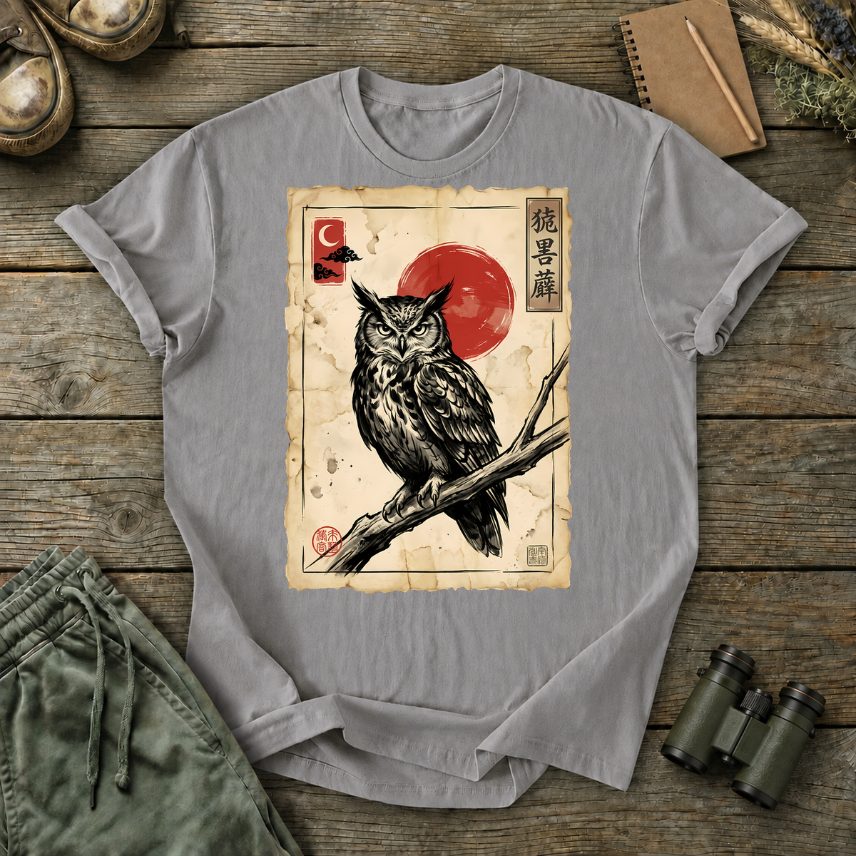 Vintage Japanese Owl Print Tee in Grey, centered front design on a birdwatching flat-lay mockup