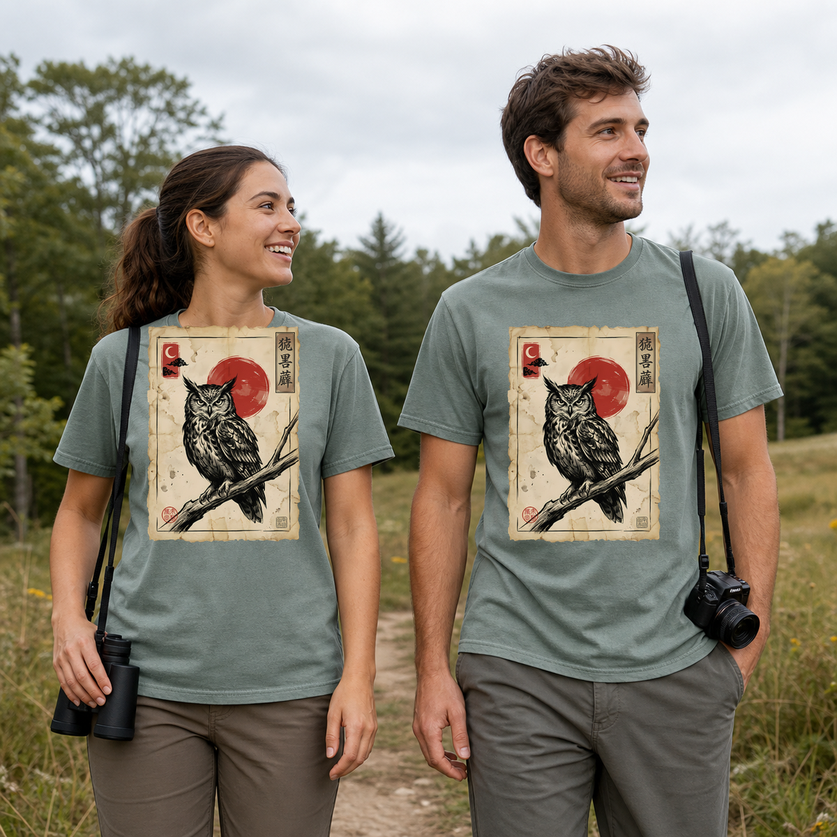 Female and male models wearing the Vintage Japanese Owl Print Tee in Bay, with the artwork centered on both shirts