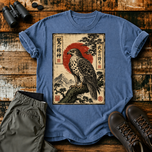 Vintage Japanese Raptor Art Tee in Blue Jean, centered front design on a birdwatching flat-lay mockup