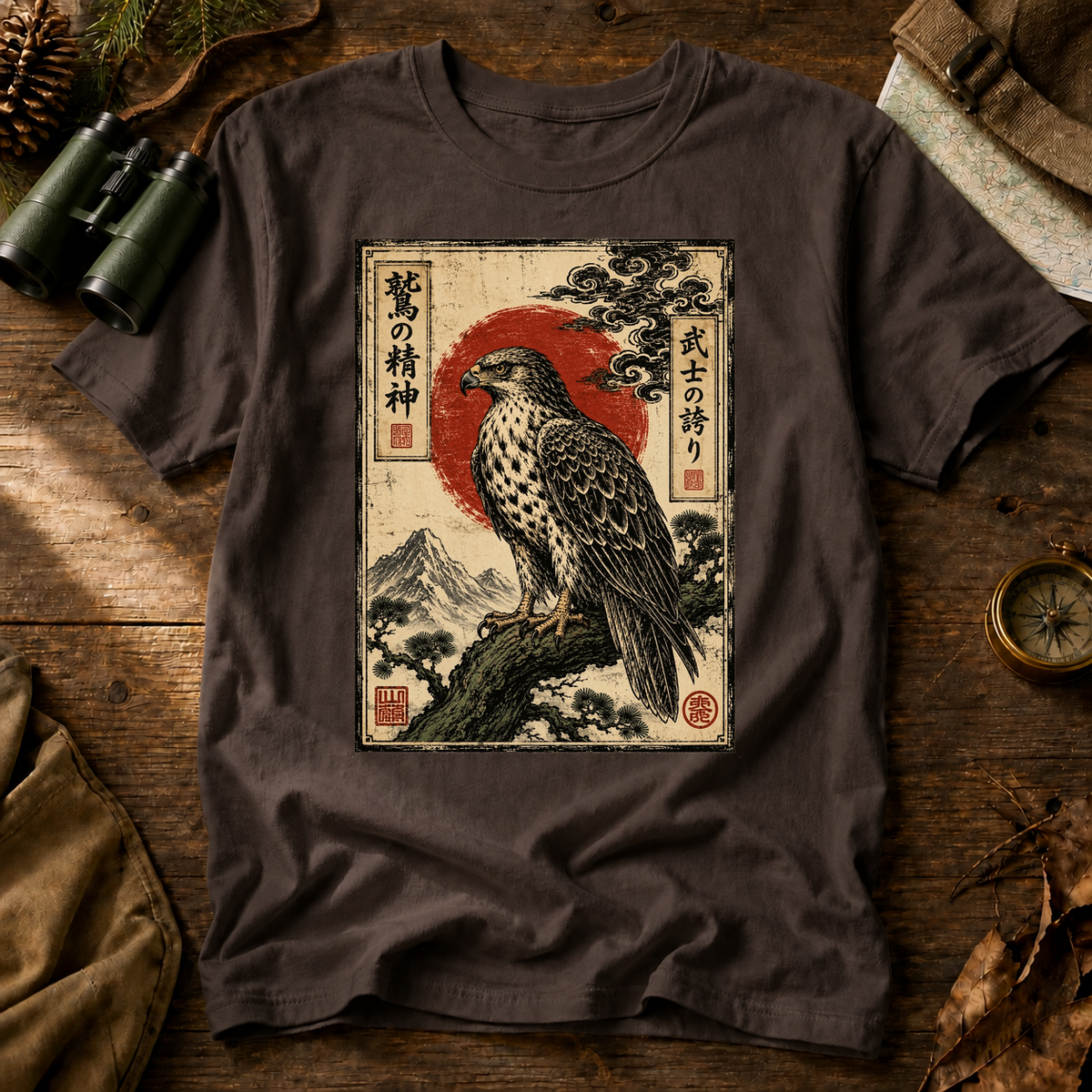 Vintage Japanese Raptor Art Tee in Espresso, centered front design on a birdwatching flat-lay mockup