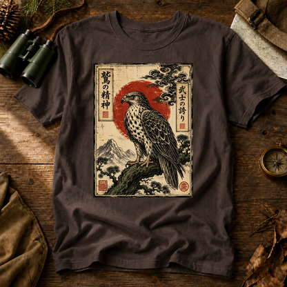 Vintage Japanese Raptor Art Tee in Espresso, centered front design on a birdwatching flat-lay mockup