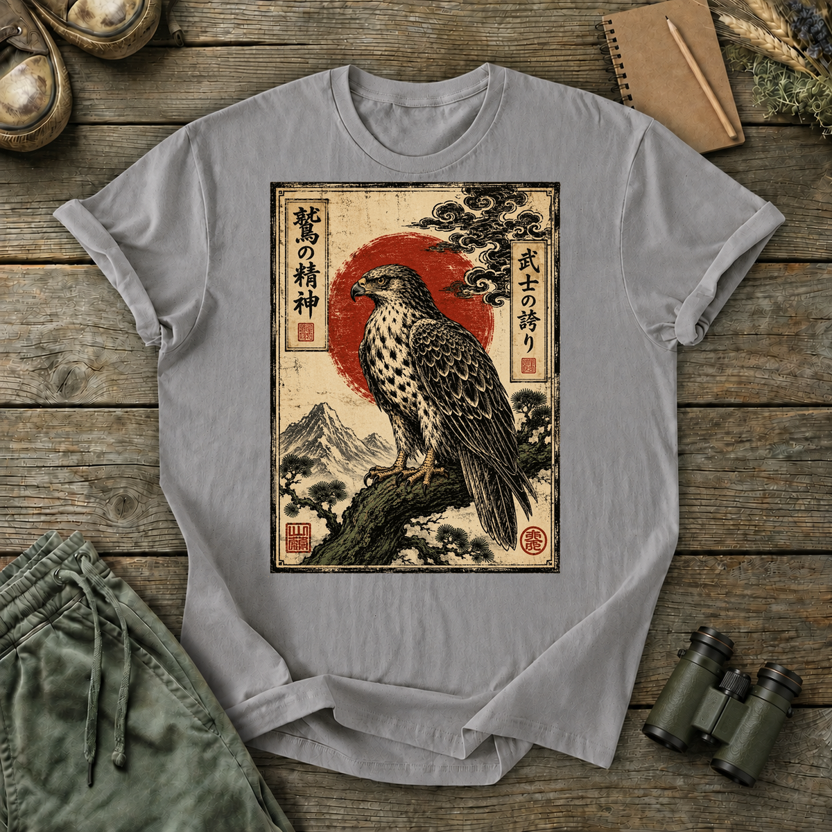 Vintage Japanese Raptor Art Tee in Grey, centered front design on a birdwatching flat-lay mockup