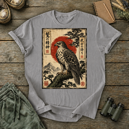 Vintage Japanese Raptor Art Tee in Grey, centered front design on a birdwatching flat-lay mockup