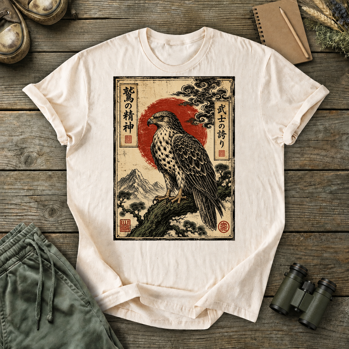 Vintage Japanese Raptor Art Tee in Ivory, centered front design on a birdwatching flat-lay mockup