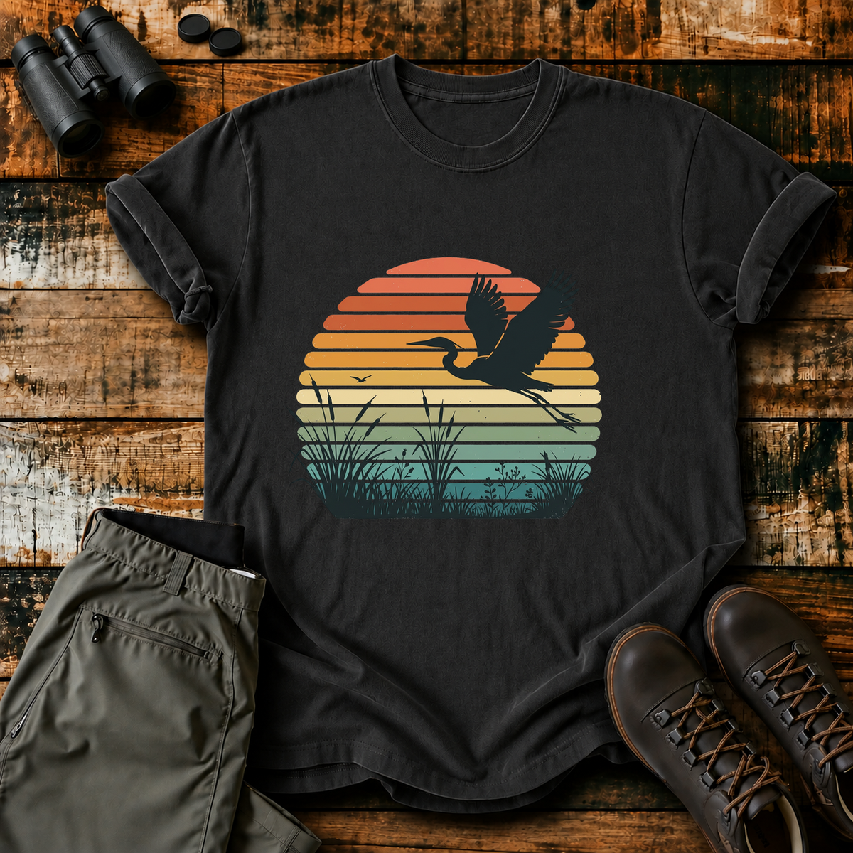Vintage Sunset Marsh Bird Tee in Black, centered front design on a birdwatching flat-lay mockup