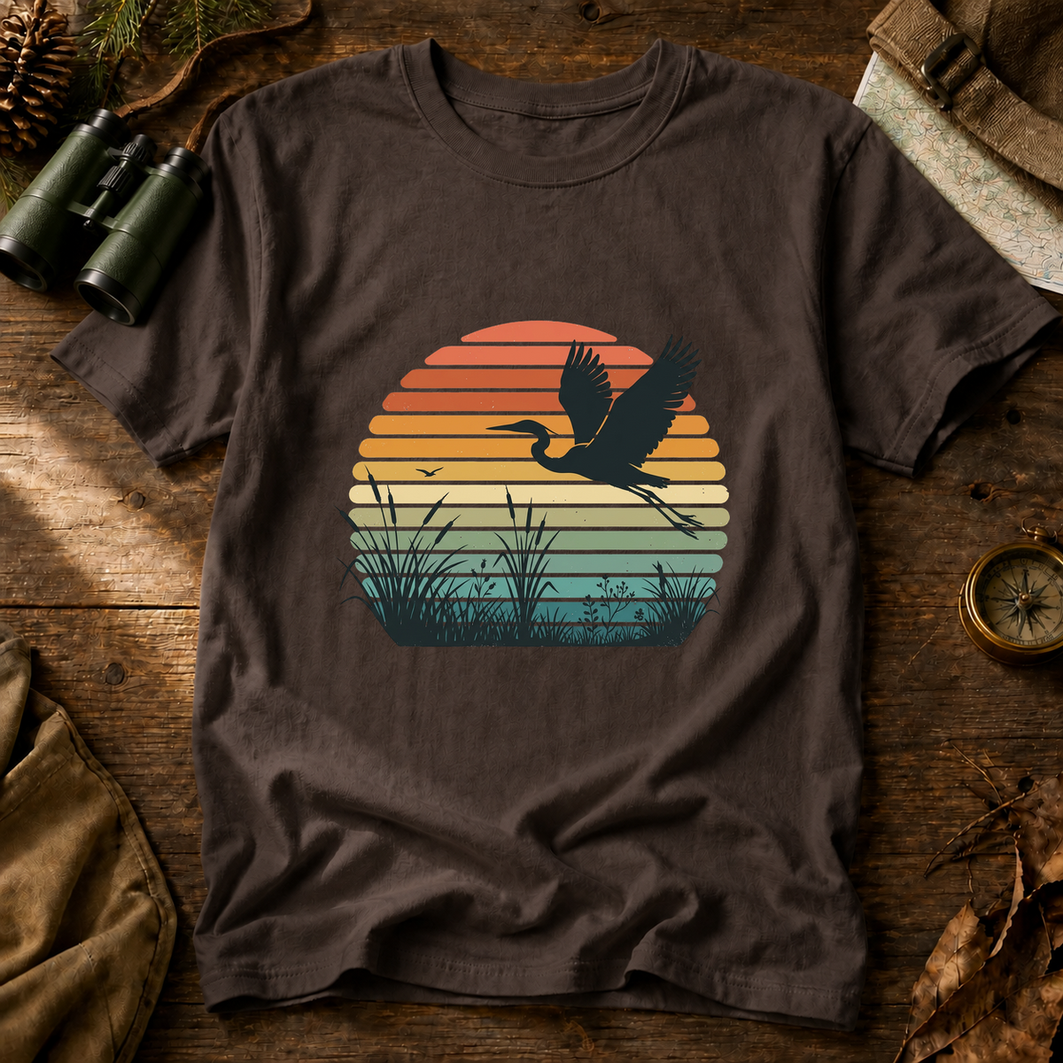 Vintage Sunset Marsh Bird Tee in Espresso, centered front design on a birdwatching flat-lay mockup