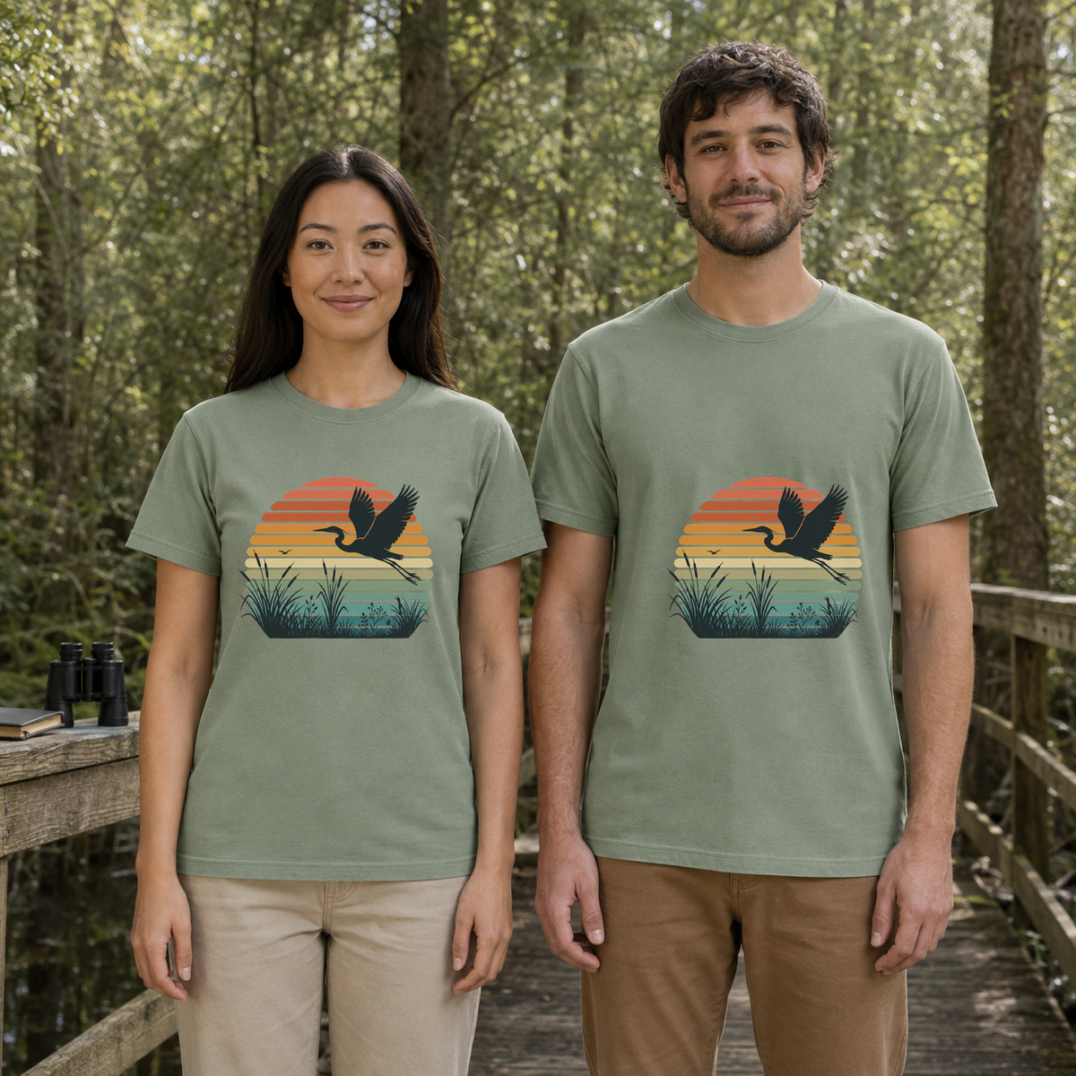 Female and male models wearing the Vintage Sunset Marsh Bird Tee in Bay, with the artwork centered on both shirts