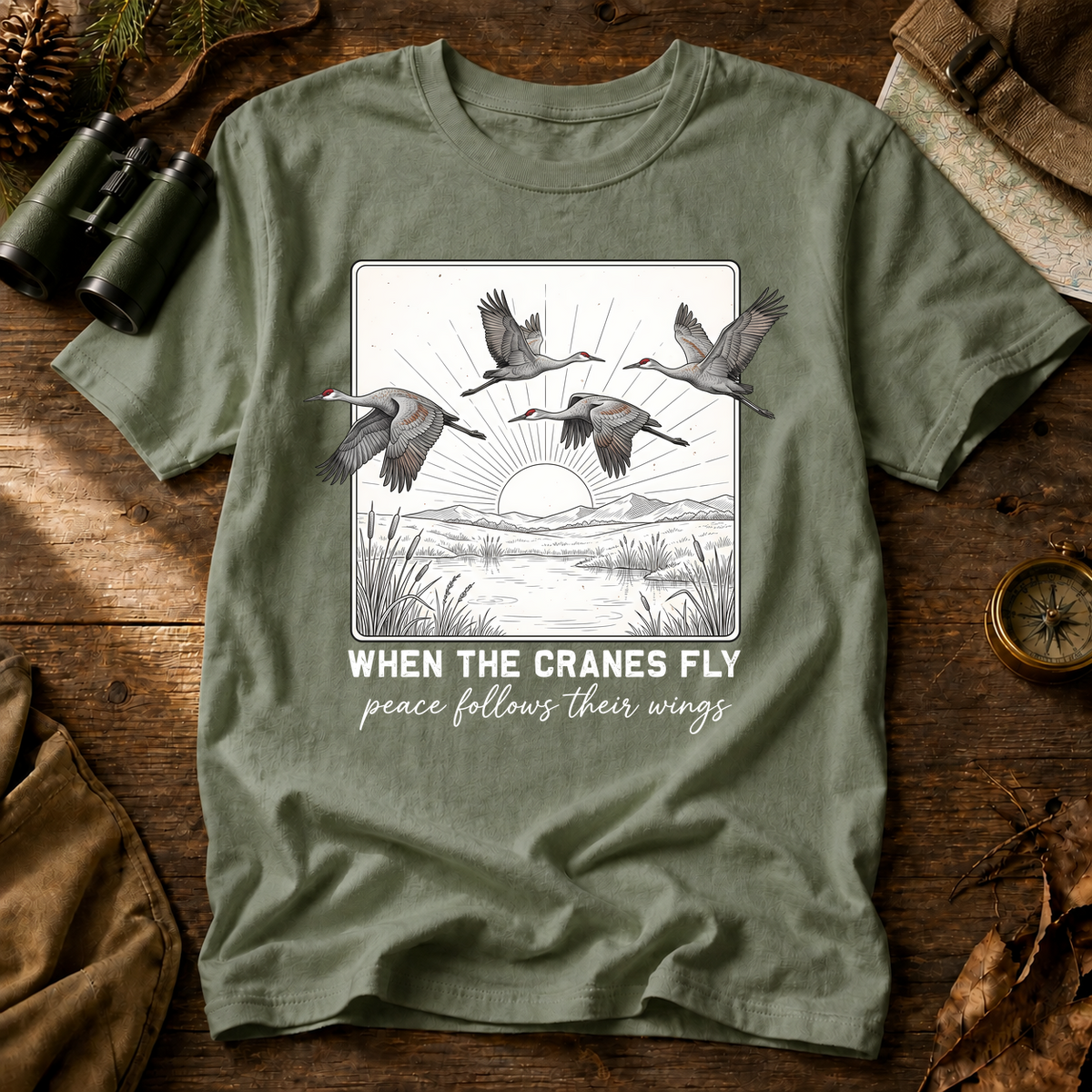 When the Cranes Fly Peace Follows Tee in Bay, centered front design on a birdwatching flat-lay mockup