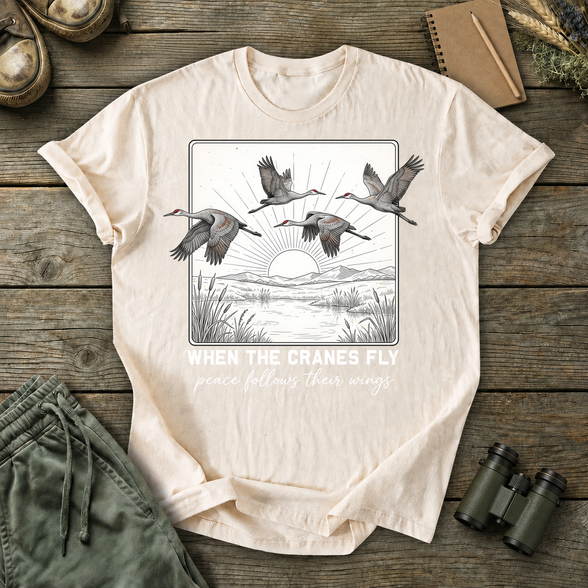 When the Cranes Fly Peace Follows Tee in Ivory, centered front design on a birdwatching flat-lay mockup
