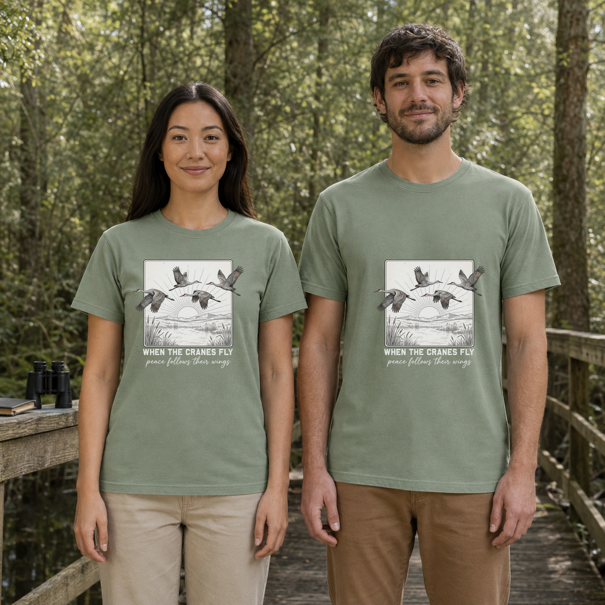 Female and male models wearing the When the Cranes Fly Peace Follows Tee in Bay, with the artwork centered on both shirts