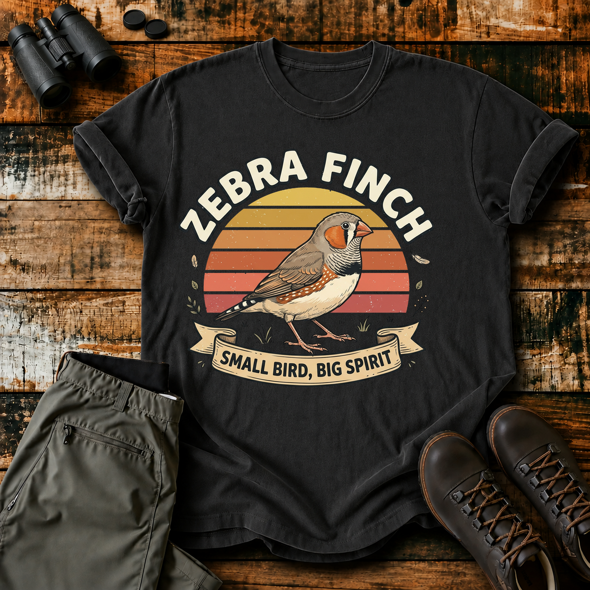 Zebra Finch Small Bird Big Spirit Tee in Black, centered front design on a birdwatching flat-lay mockup