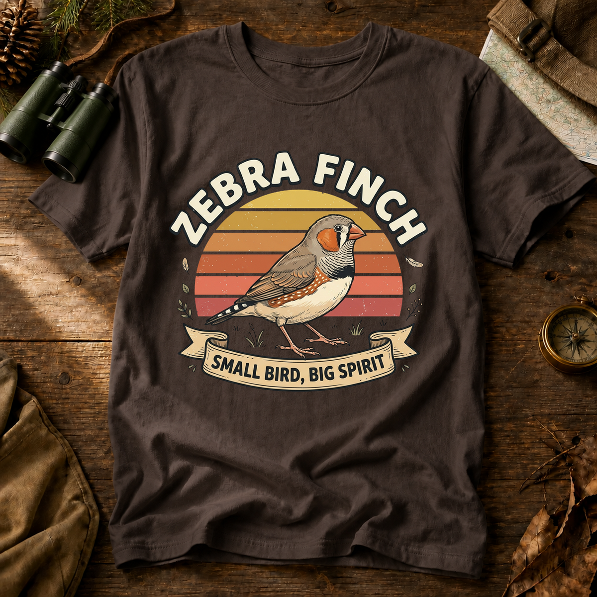 Zebra Finch Small Bird Big Spirit Tee in Espresso, centered front design on a birdwatching flat-lay mockup